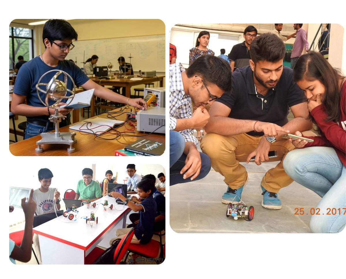 Students learning car mechanics with gyroscope under instructor guidance
