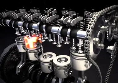 Mechanics of an internal combustion engine showing pistons, cylinders, and crankshaft motion